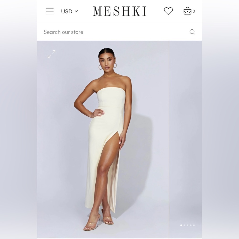 MESHKI strapless white dress with leg slit